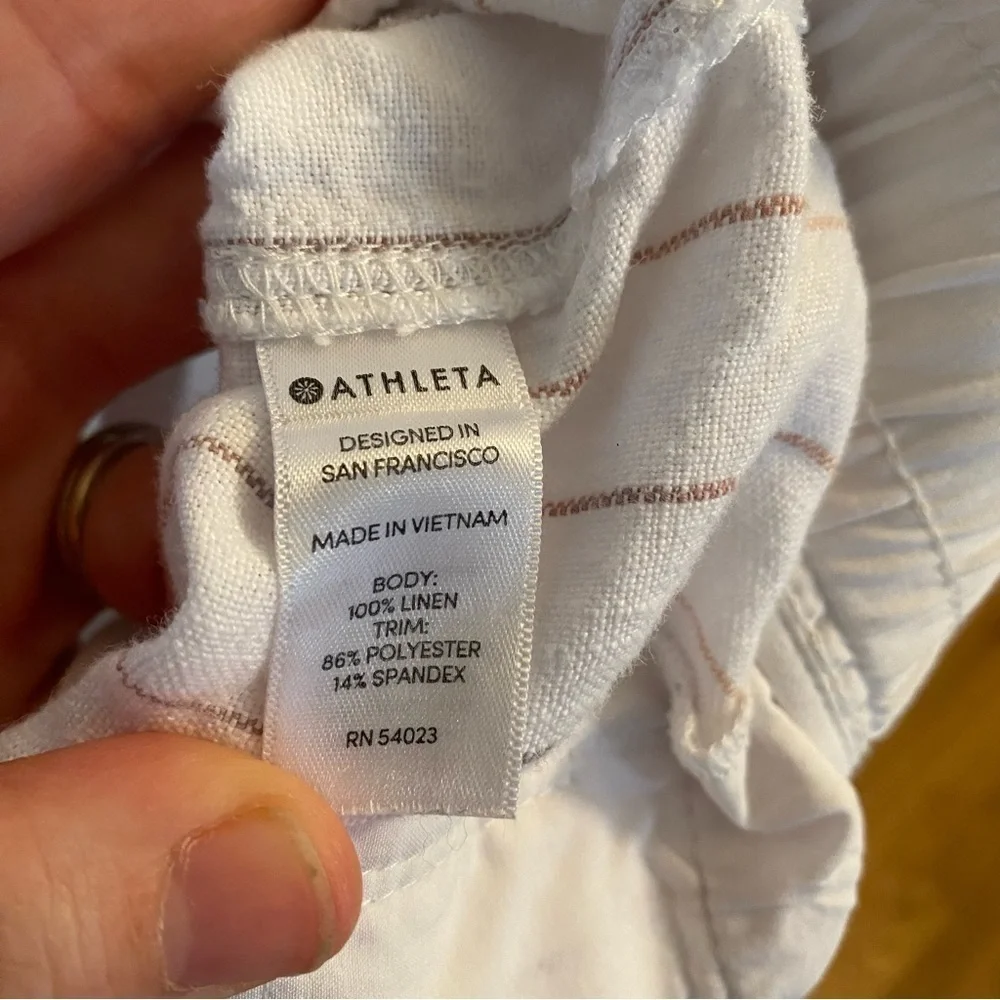 Athleta Linen striped white wide leg drawstring cropped  pant size 6